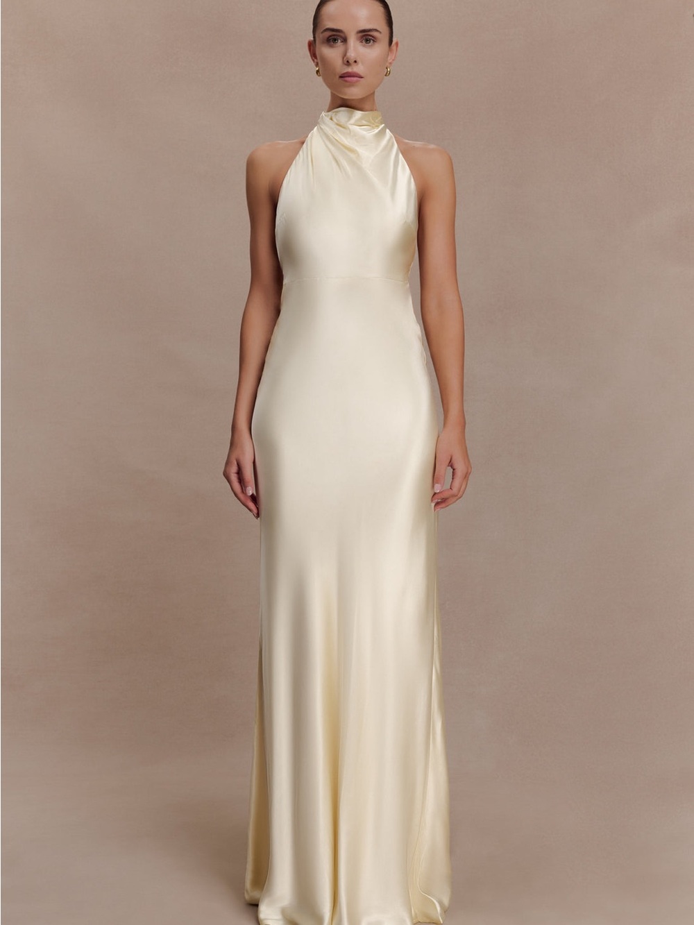 NWT MESHKI Esther Iridescent Satin Cowl Maxi Dress Lemon Sorbet XS
